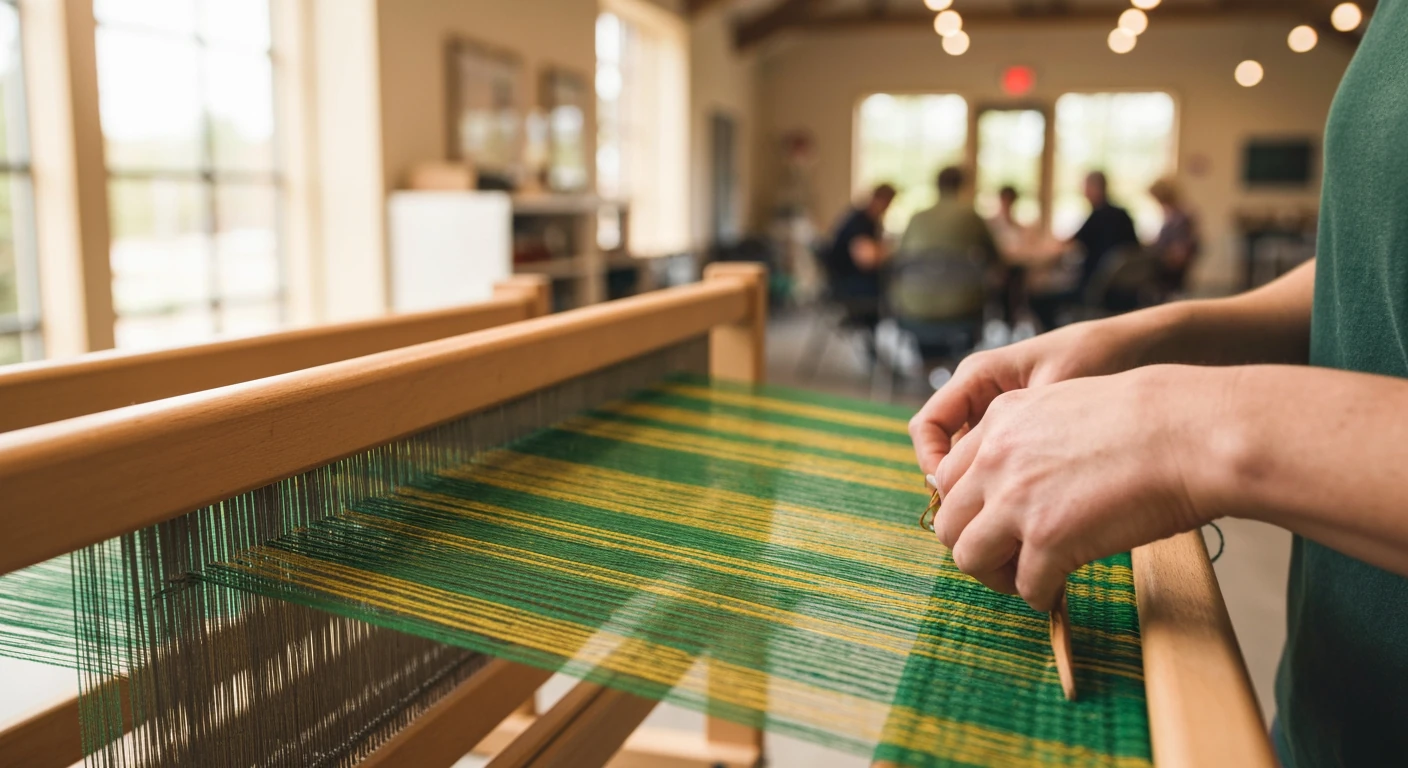 A person's hands carefully weaving green and gold threads into a strong fabric on a wooden loom, symbolizing the intricate connection between economics and social stability.