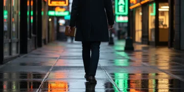 A person walking on a wet city street at dusk, holding a notebook, with blurred neon signs in green and amber reflecting in puddles, symbolizing individual financial decisions within a complex economic system.