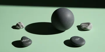 A minimalist photograph depicting a dark grey sphere representing the economy, with three smaller stones symbolizing inflation, interest rates, and GDP on a light green surface, casting dramatic shadows.