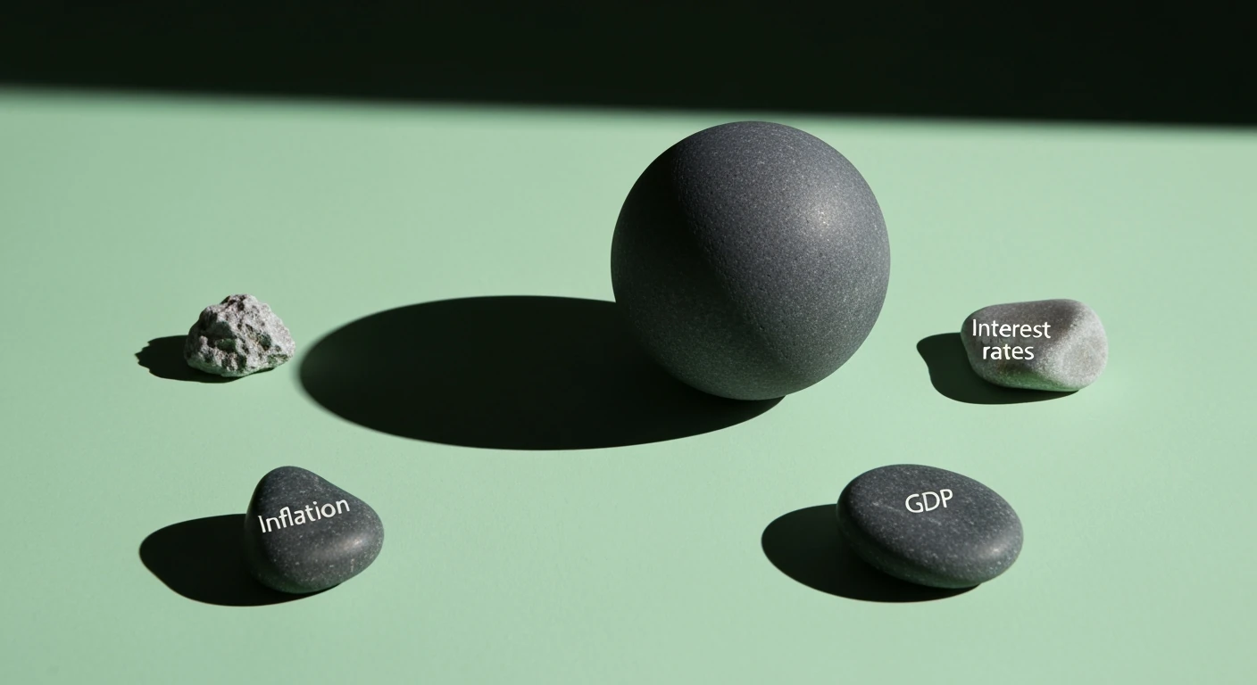 A minimalist photograph depicting a dark grey sphere representing the economy, with three smaller stones symbolizing inflation, interest rates, and GDP on a light green surface, casting dramatic shadows.