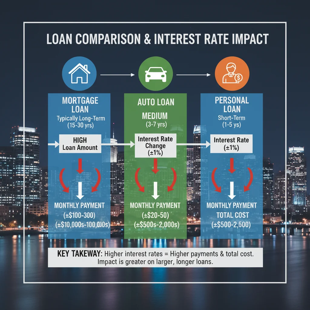 Infographic showing interest rate impact on mortgage, auto, and personal loans.