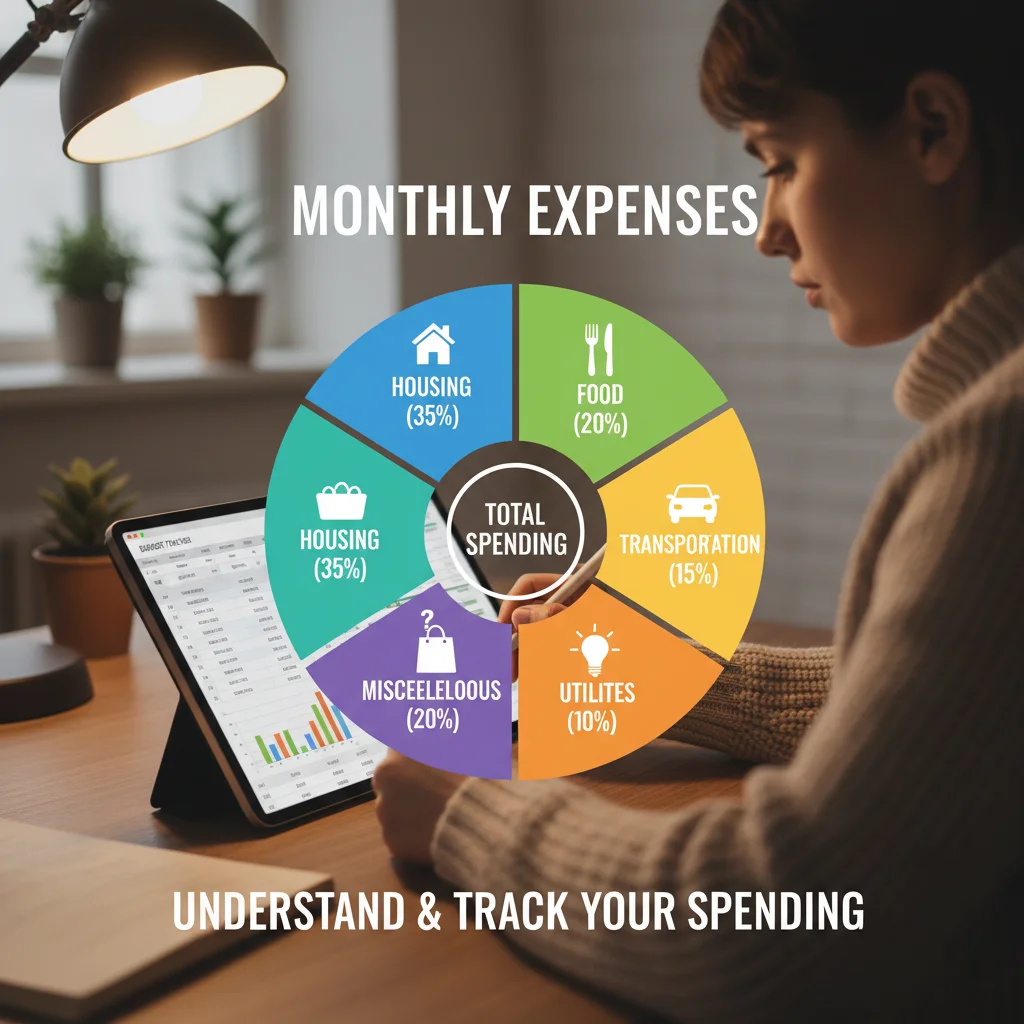 Budget breakdown showing categories of expenses and a person reviewing a spreadsheet.