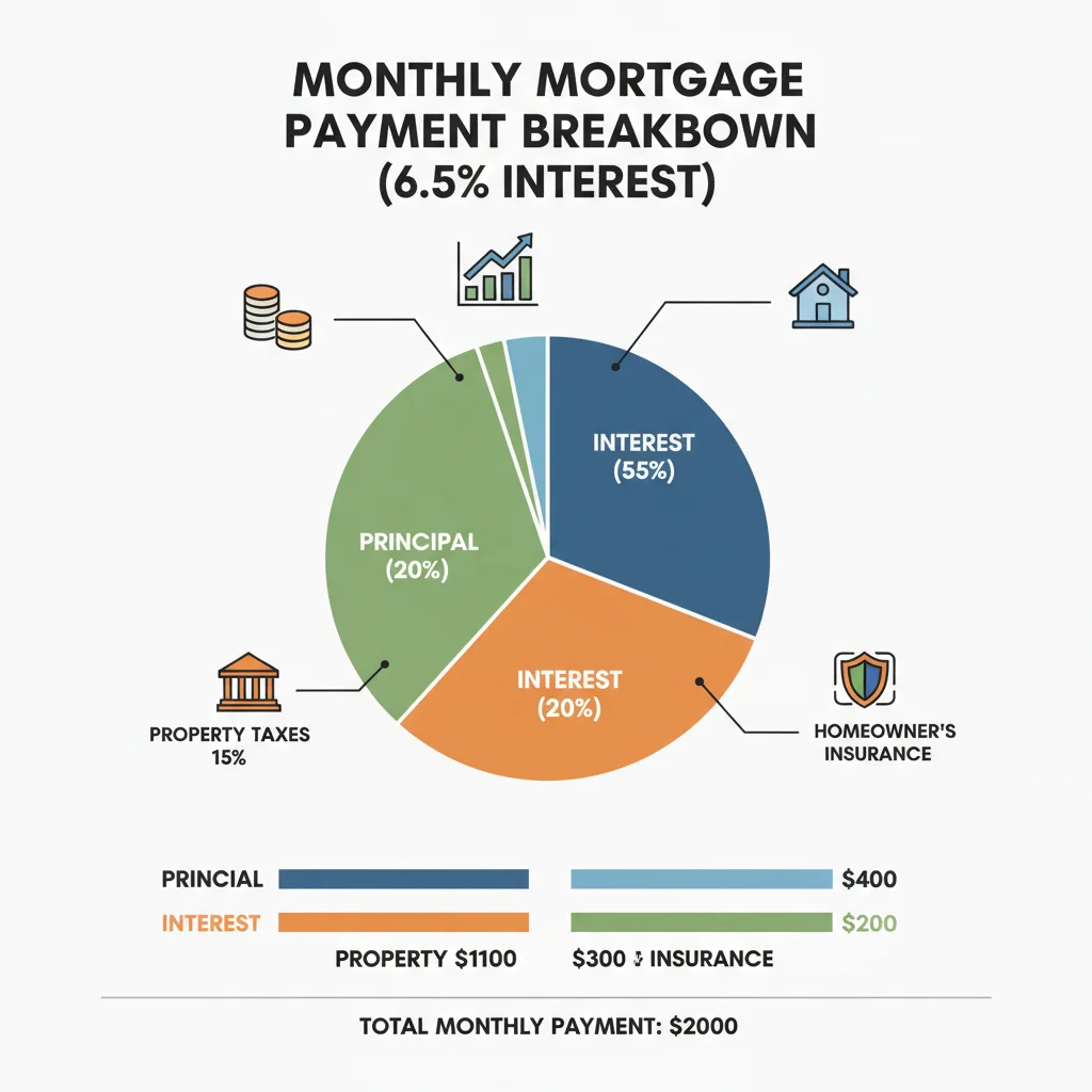 Infographic showing monthly mortgage payment breakdown at 6.5% interest.