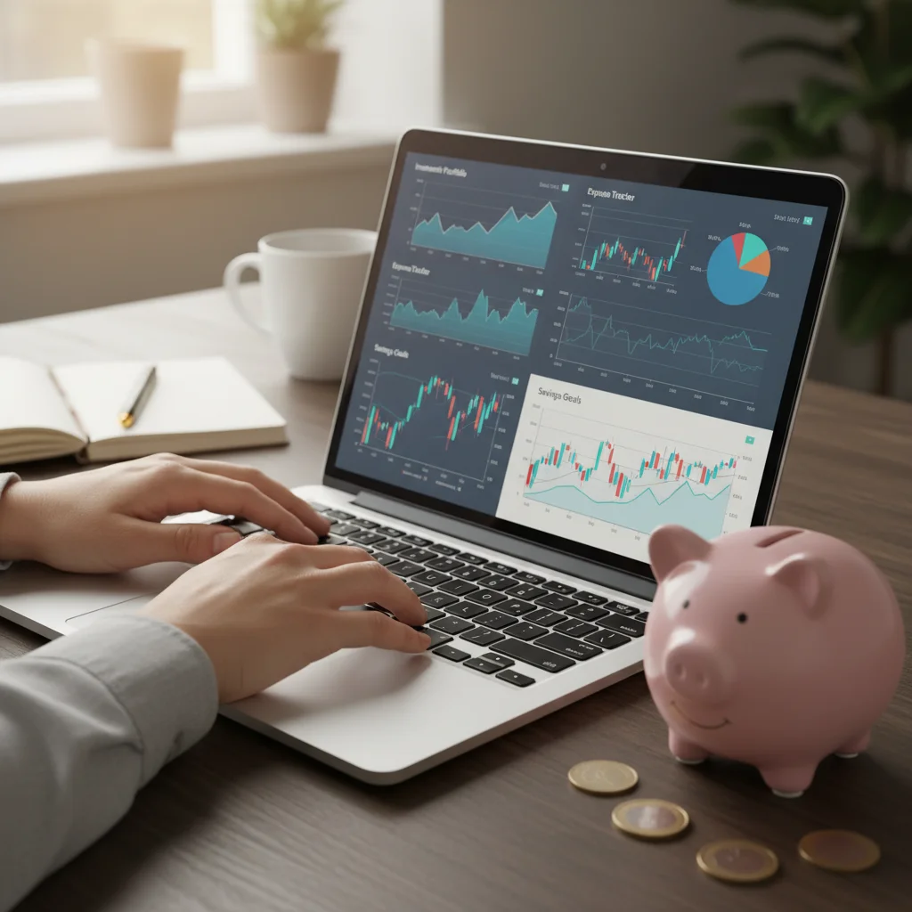 Person managing personal finances on a laptop, with charts and a piggy bank.