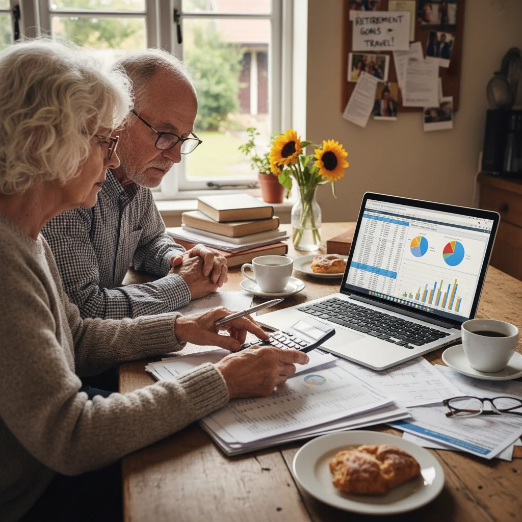 Elderly couple reviewing financial statements and laptop, discussing retirement budget and income adjustments.