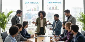Professionals analyzing social impact data on a large screen in a collaborative setting.