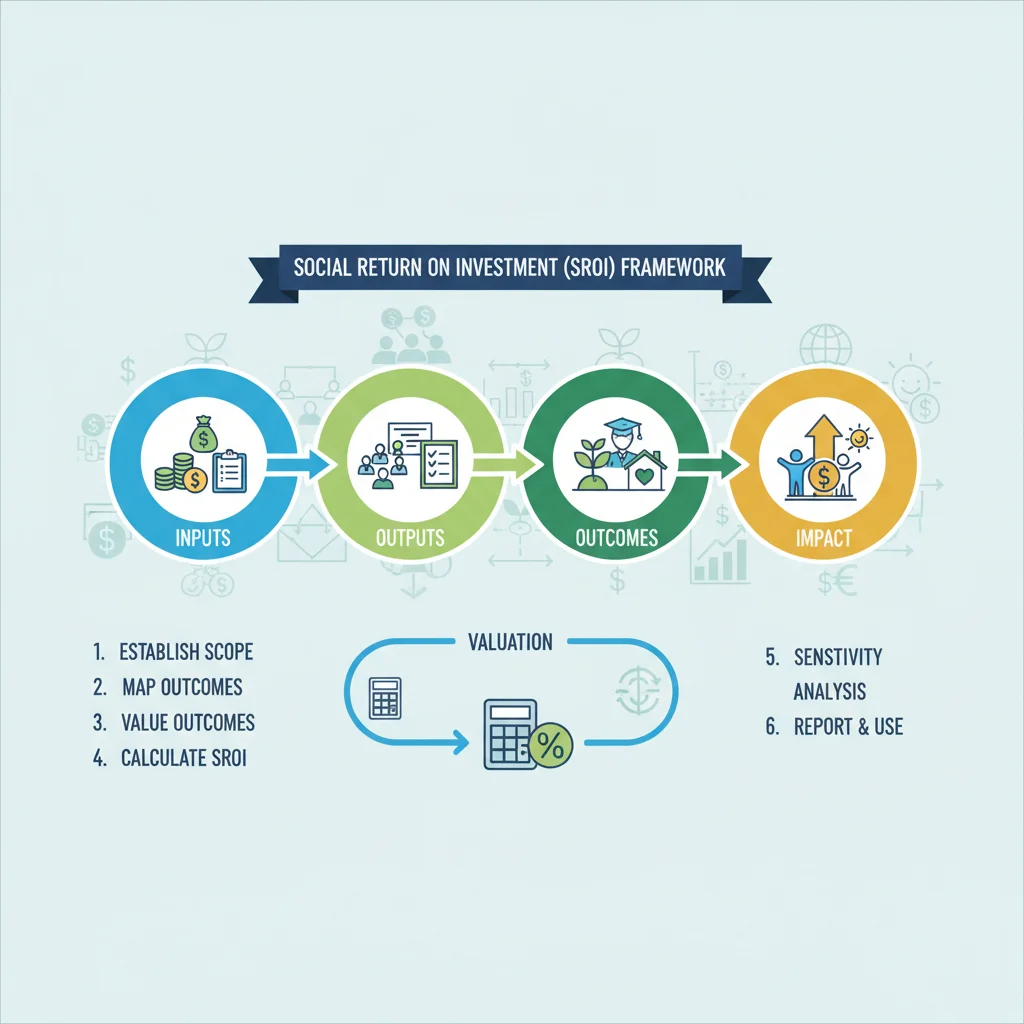 Infographic detailing the Social Return on Investment (SROI) framework stages and processes.