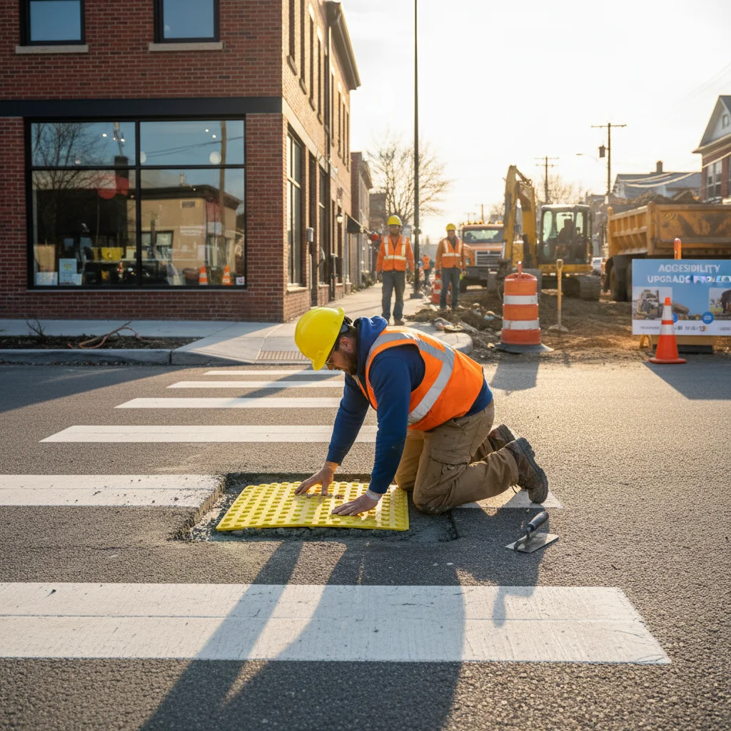 Construction worker installing tactile paving