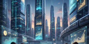 Technology investment driving US economic expansion with digital growth charts