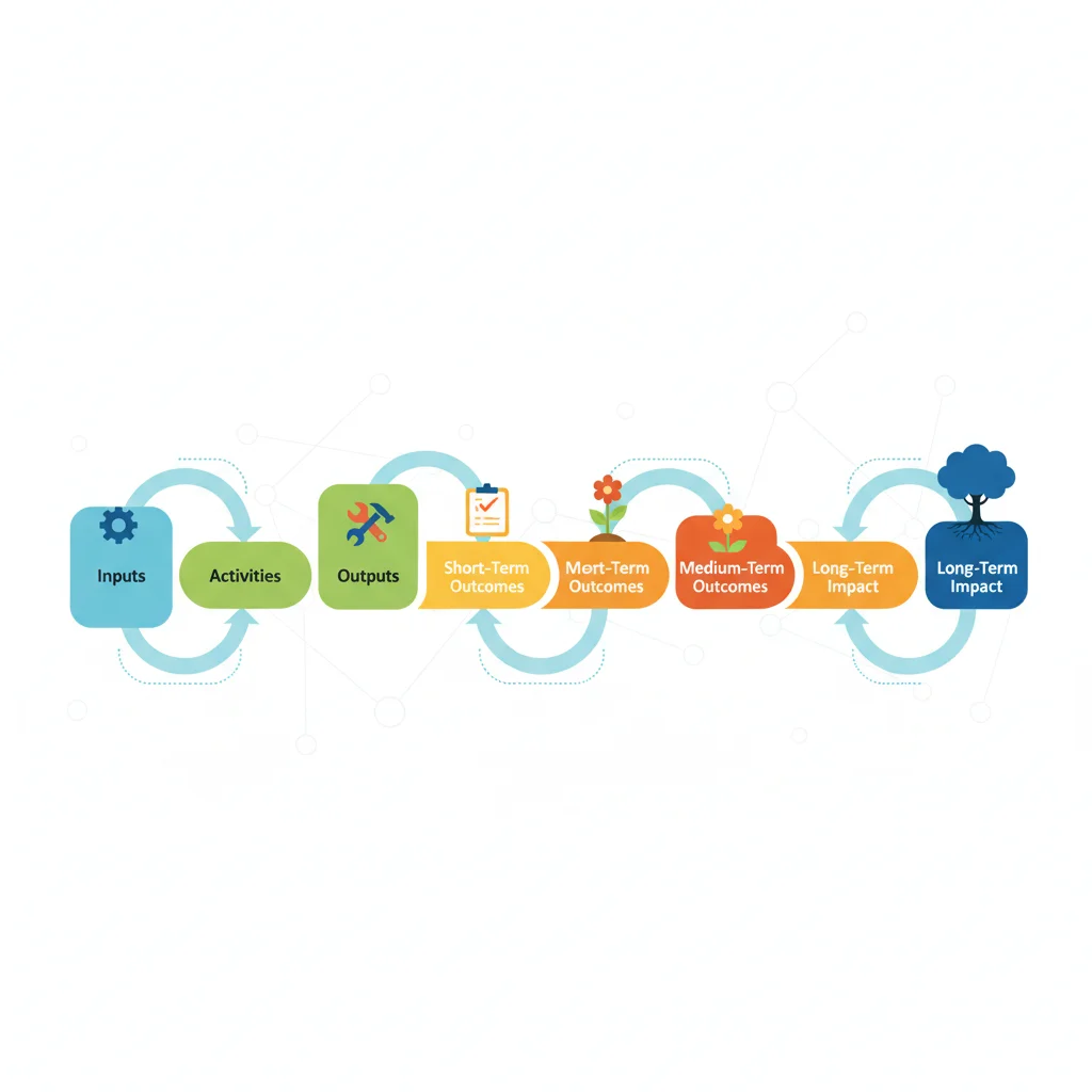 Visual representation of a Theory of Change pathway, showing logical links from inputs to long-term impact.