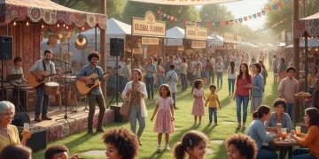 Diverse community members engaged in a lively outdoor festival, celebrating local culture and connection.