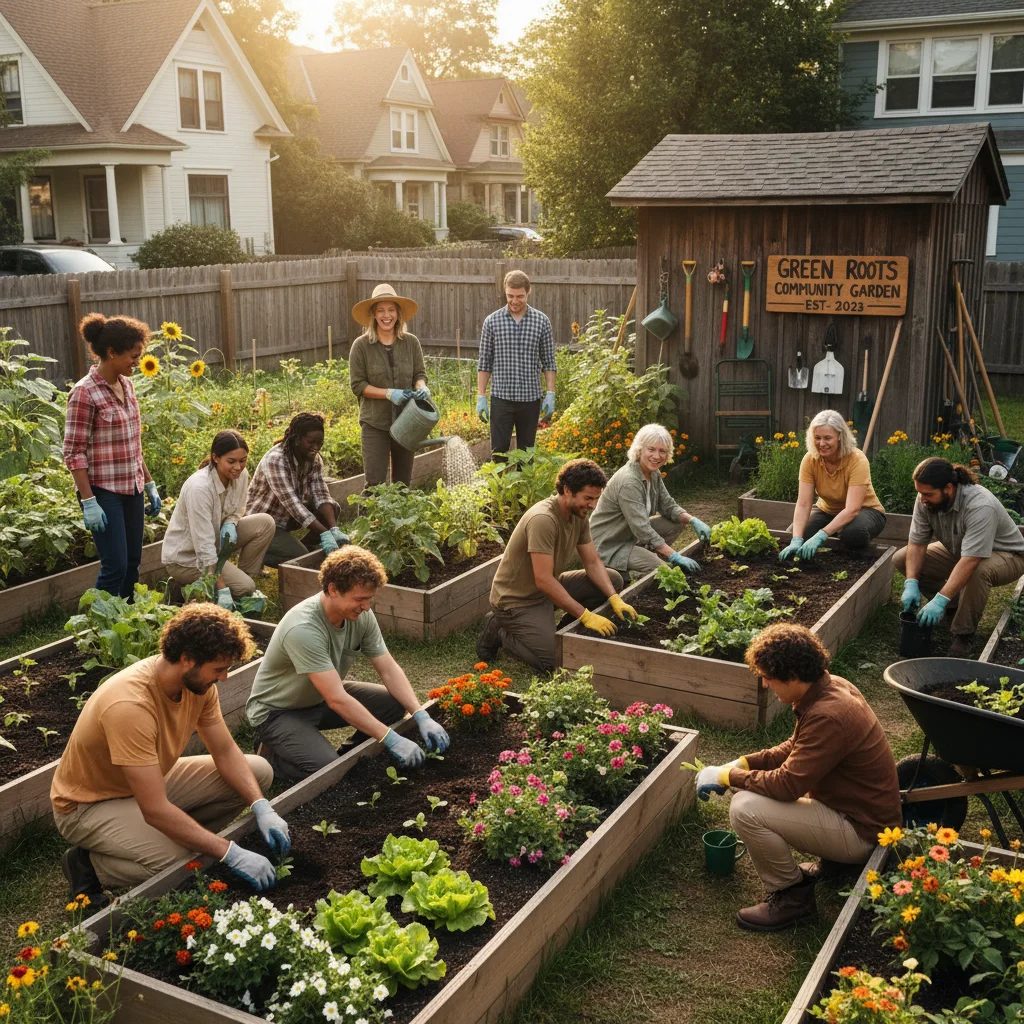 Dedicated volunteers collaborating in a thriving community garden, fostering local environmental stewardship.