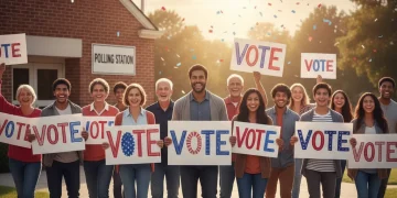 Diverse group of citizens enthusiastically participating in a voting campaign, showing civic engagement.
