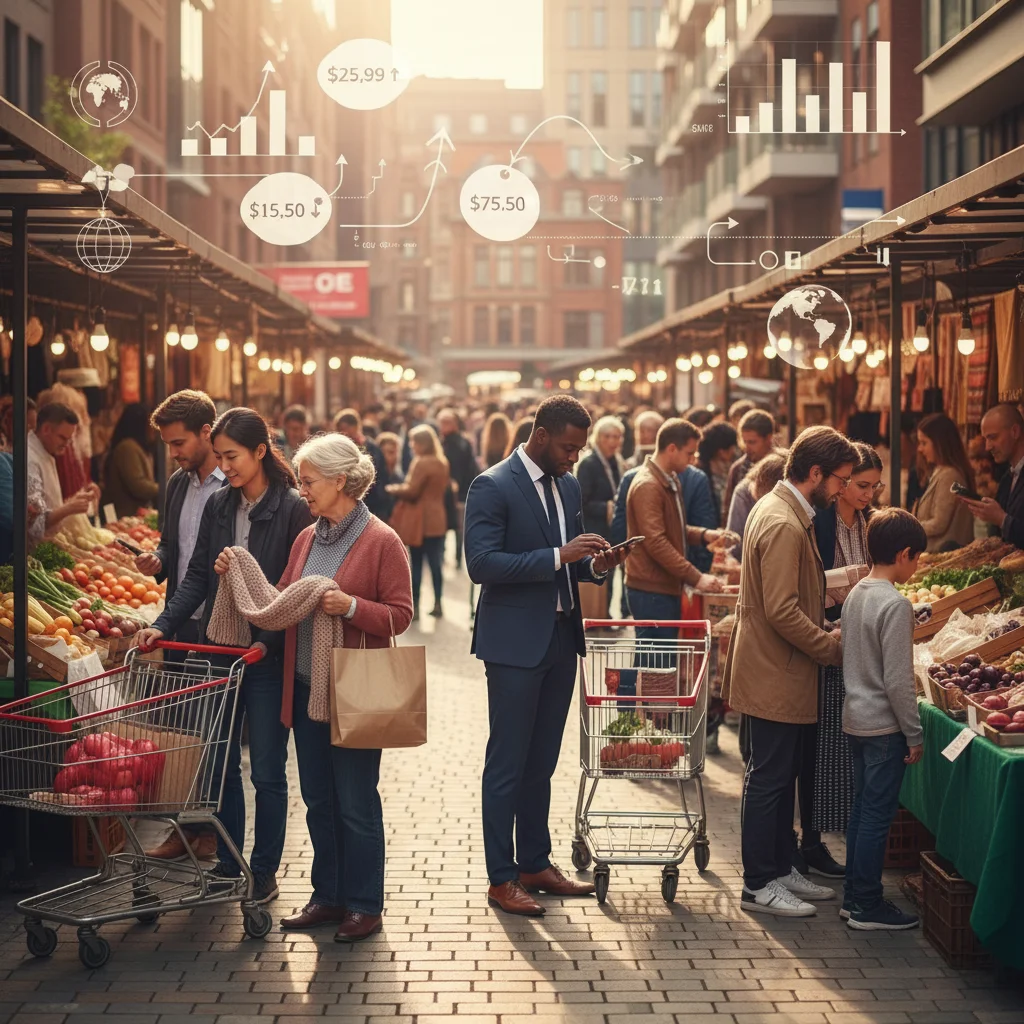 Diverse consumers navigating purchasing decisions in an evolving economic landscape.