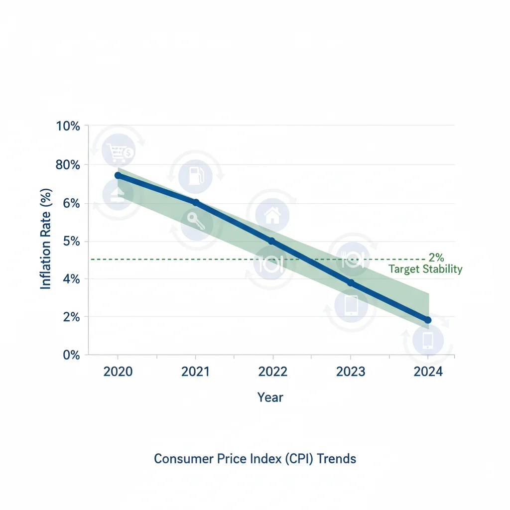 Line graph illustrating declining inflation rates towards a stable target, indicating price stability