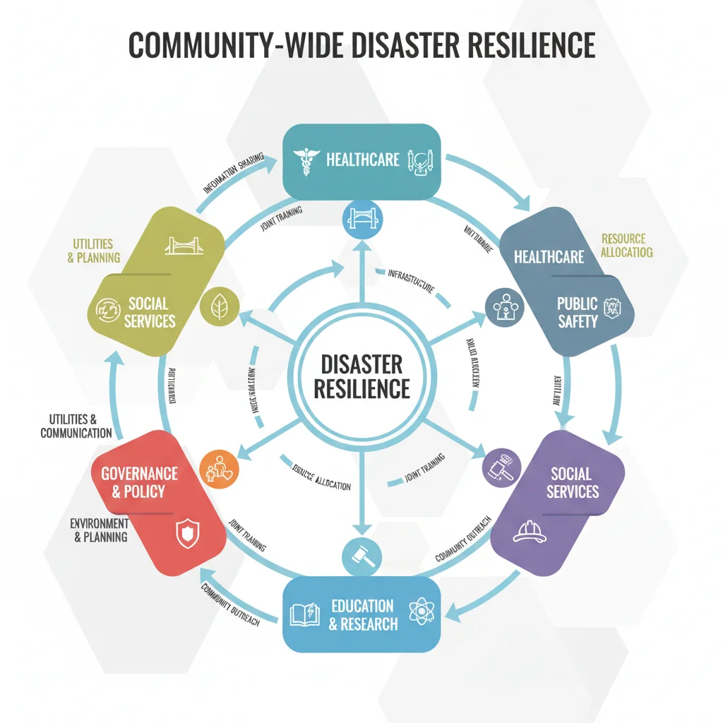 Infographic showing interconnected community sectors for disaster resilience.