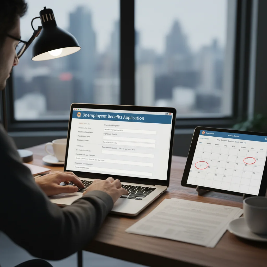 Individual applying for unemployment benefits online in 2026.