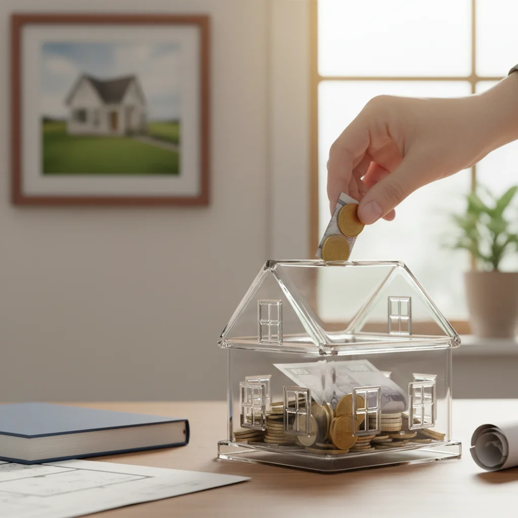 Saving money in a house-shaped piggy bank for home purchase