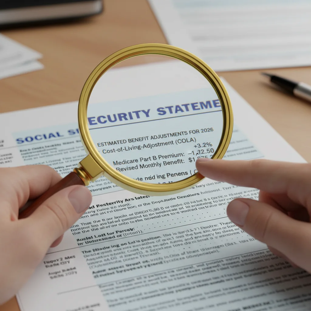 Magnifying glass examining Social Security statement for 2026 benefit changes.