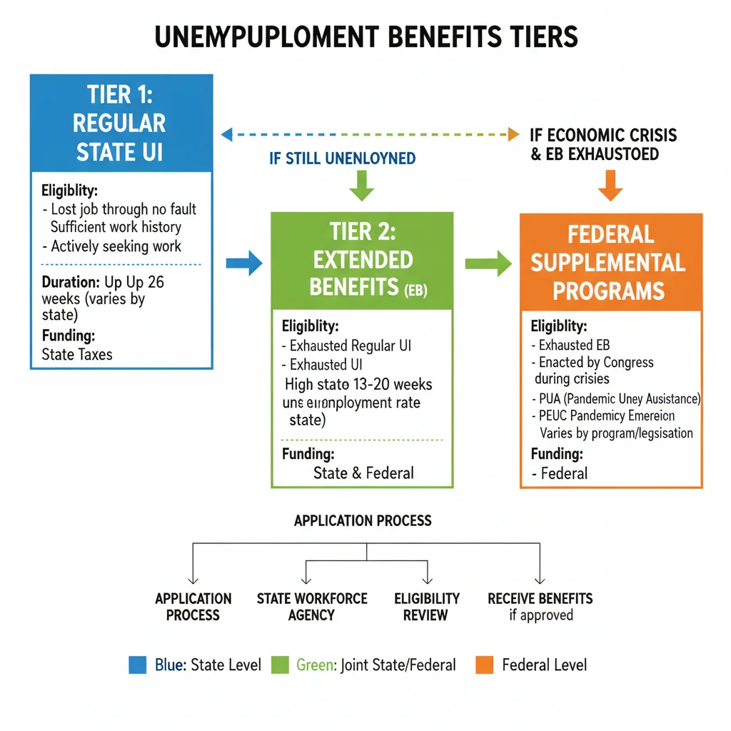 Infographic detailing unemployment benefit tiers and federal extensions.