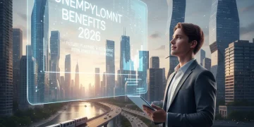 Job seeker reviewing unemployment benefits information for 2026 on a tablet.