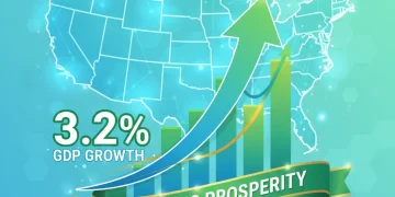 Infographic depicting strong US economic growth in 2026 with 3.2% GDP projection