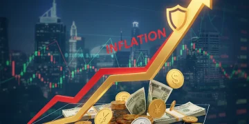 Graph illustrating rising inflation with coins and banknotes, symbolizing economic challenges and financial protection.