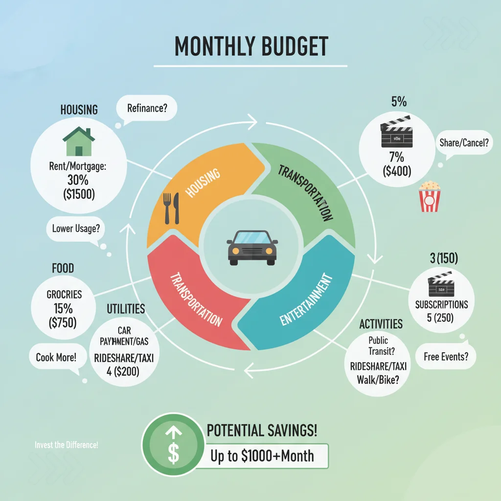 Financial budget breakdown with categories and potential savings