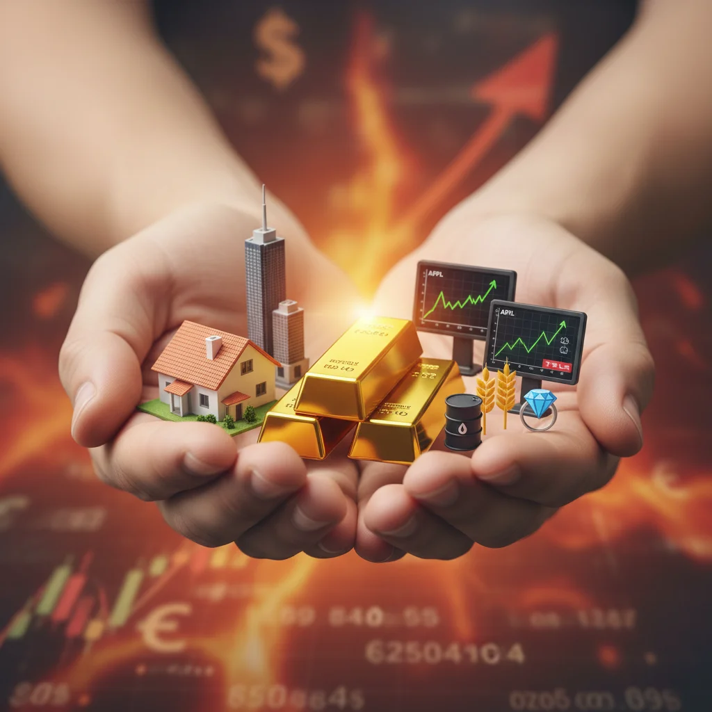 Diverse investment portfolio including gold, real estate, and stocks, symbolizing inflation-hedging strategies.