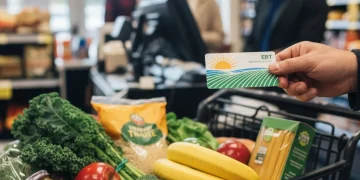 EBT card being swiped for grocery purchases, symbolizing SNAP benefits.
