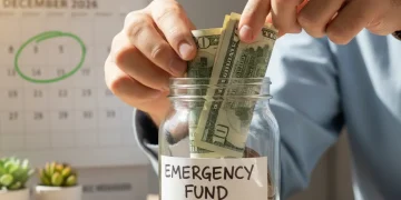 Person saving money in a jar for emergency fund by 2026
