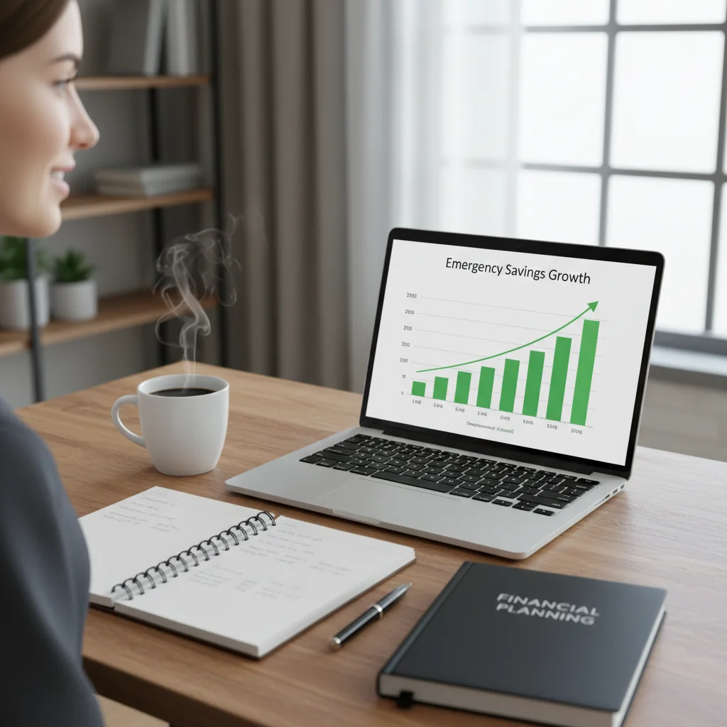 Person reviewing emergency savings growth on a laptop