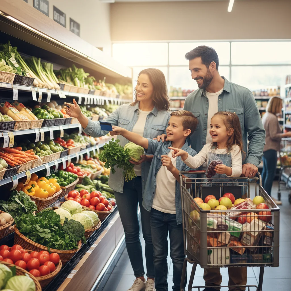 Family happily shopping for healthy groceries with EBT card.