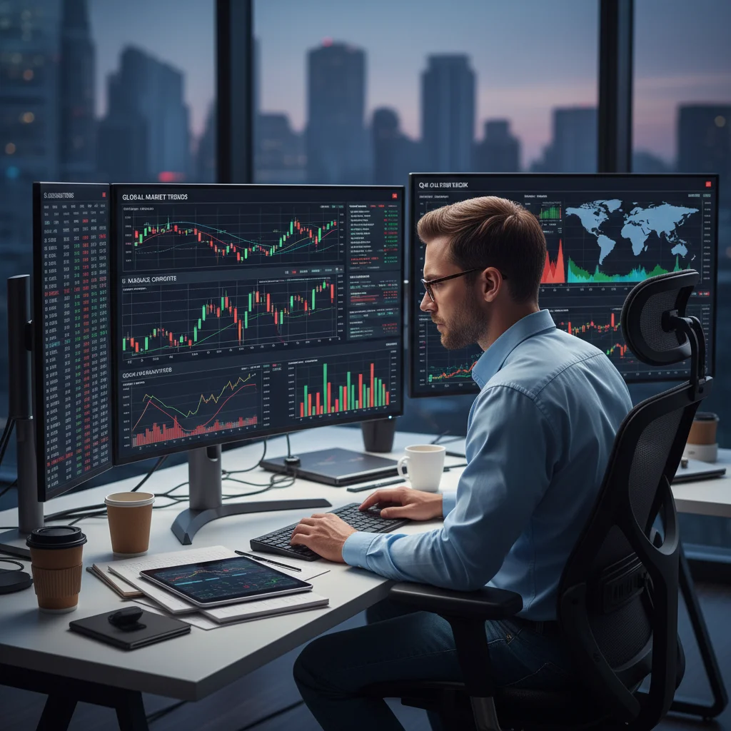 Individual analyzing financial charts and market data on multiple screens for strategic investment decisions.