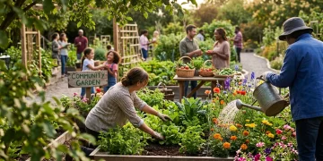 A diverse group of people actively engaged in a vibrant community garden, tending to plants and sharing produce, illustrating positive social impact.