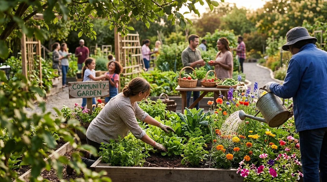 A diverse group of people actively engaged in a vibrant community garden, tending to plants and sharing produce, illustrating positive social impact.