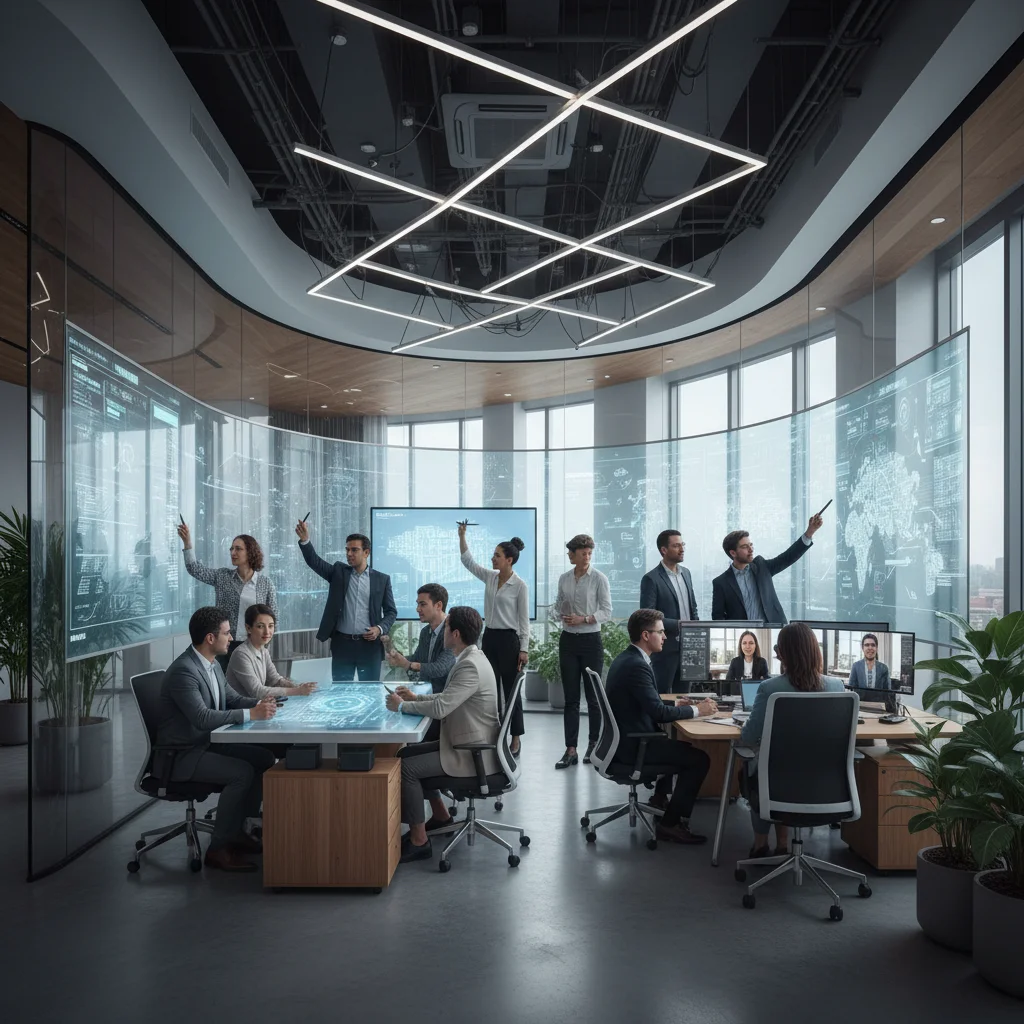 Professionals collaborating in a modern office, representing innovation and future economic drivers.