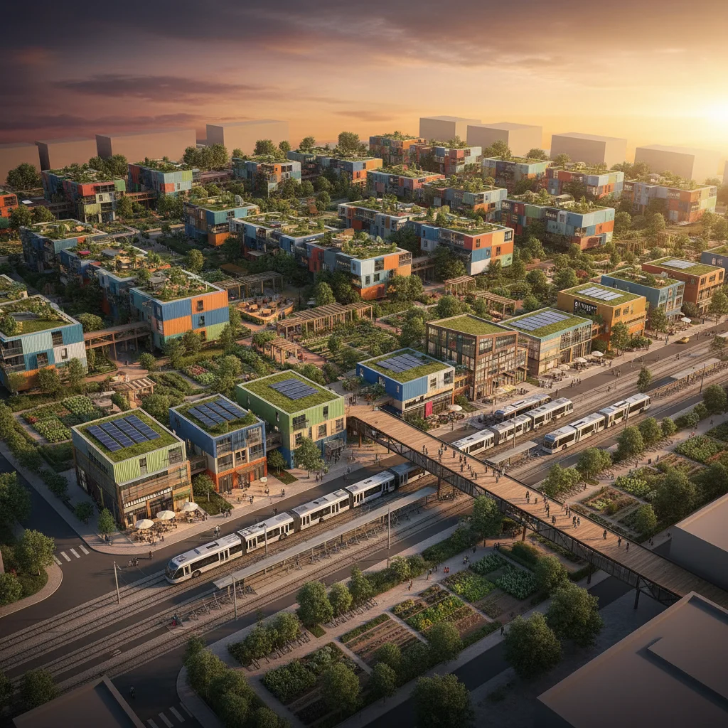 Aerial view of mixed-use modular housing development with community gardens