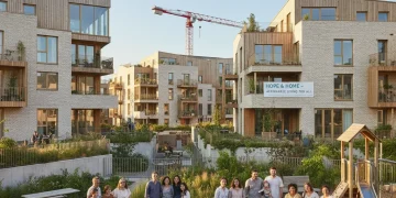 Modern affordable housing complex with diverse residents and green spaces
