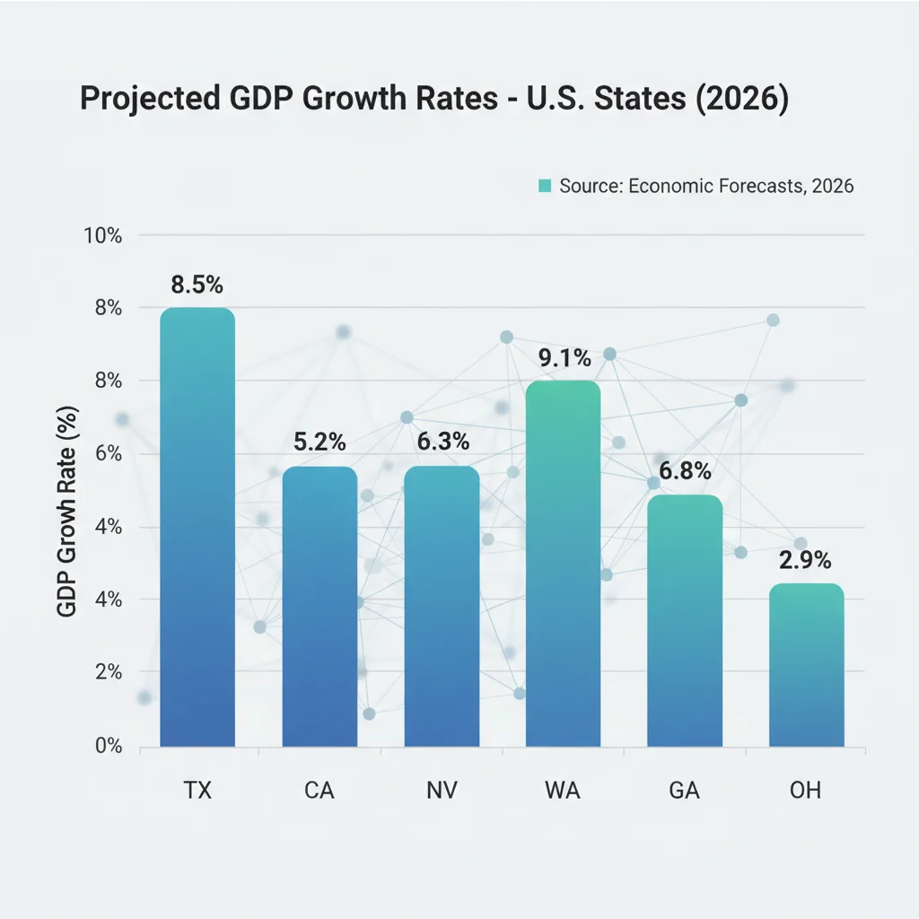 Bar chart illustrating projected GDP growth rates for various U.S. states in 2026.