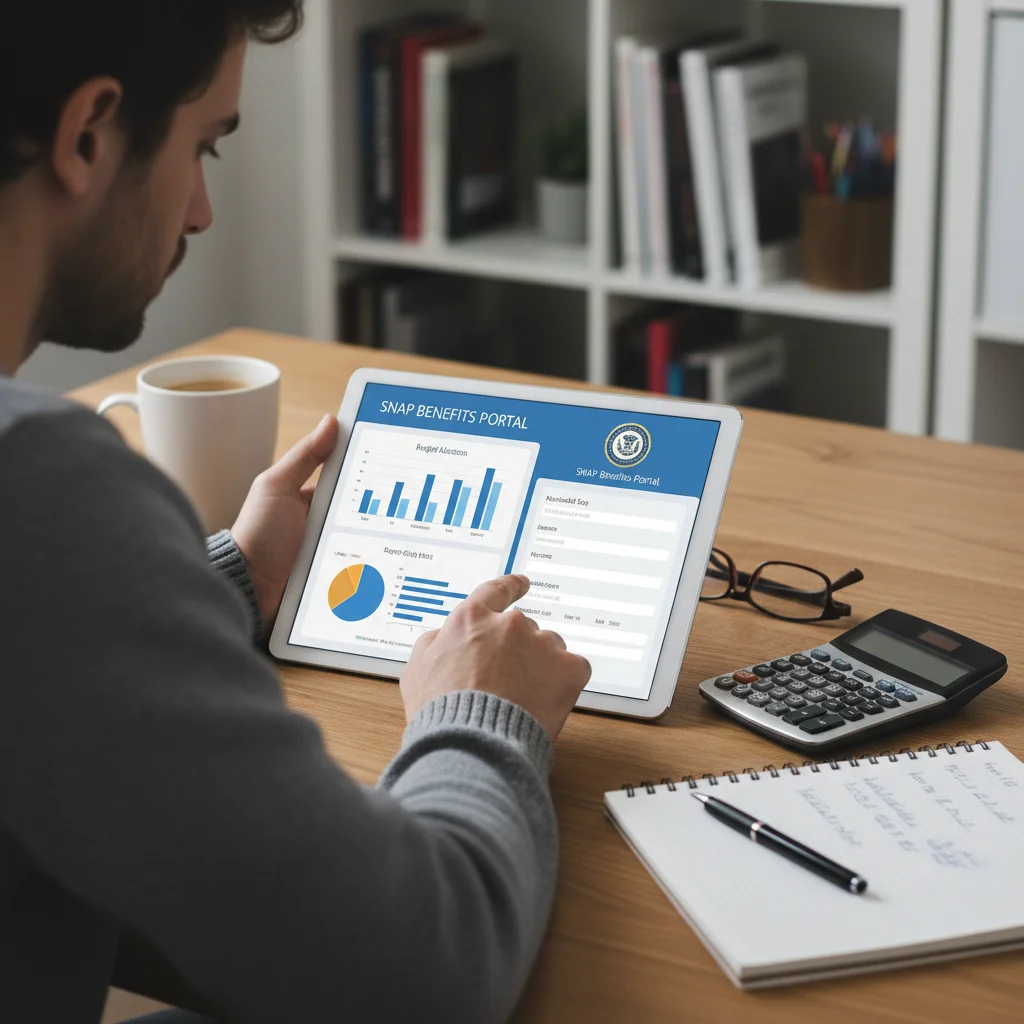 Person reviewing SNAP benefit information on a tablet for financial planning.