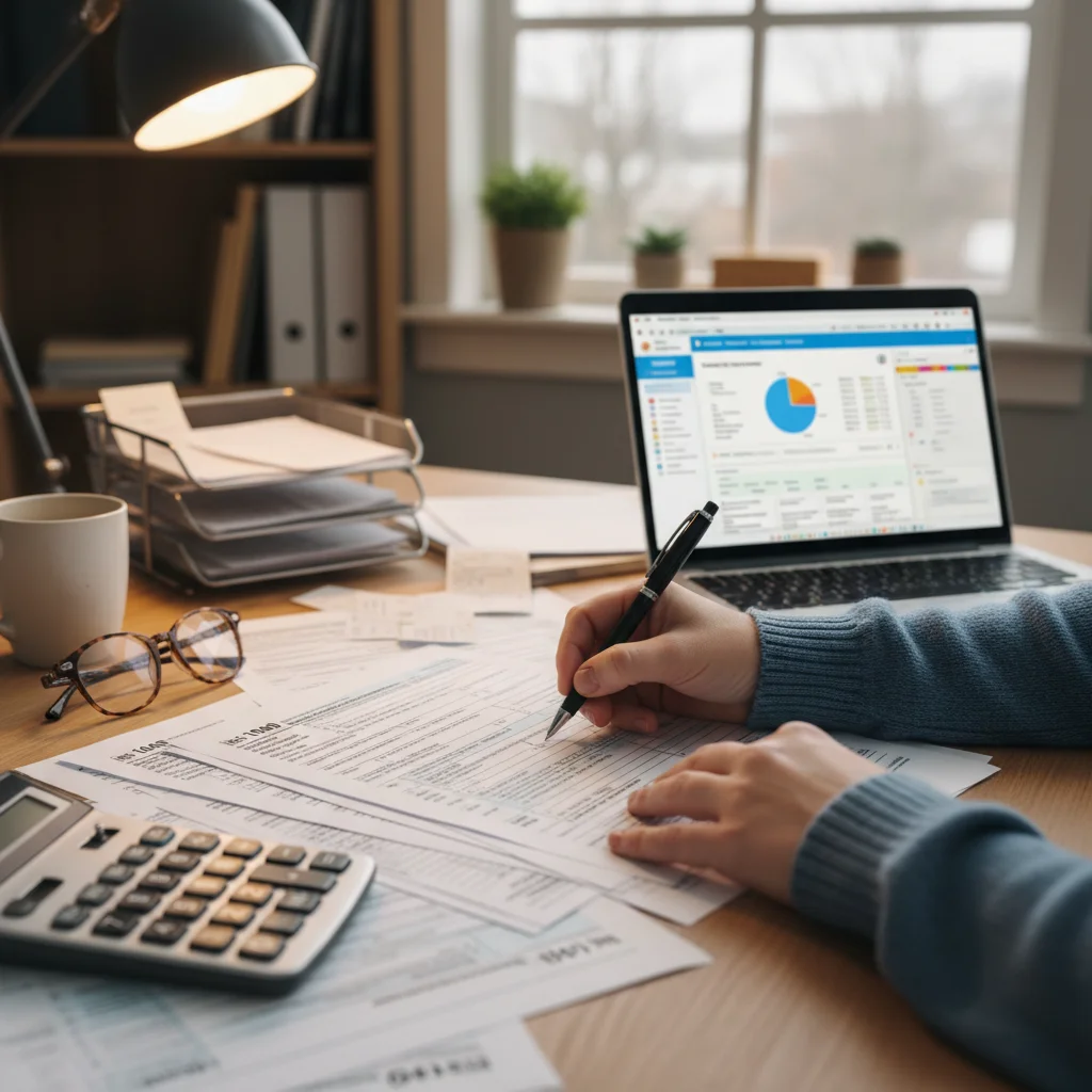 Person meticulously filling out tax forms for Child Tax Credit