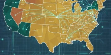 Stylized map of U.S. states showing regional economic growth and disparities in 2026.