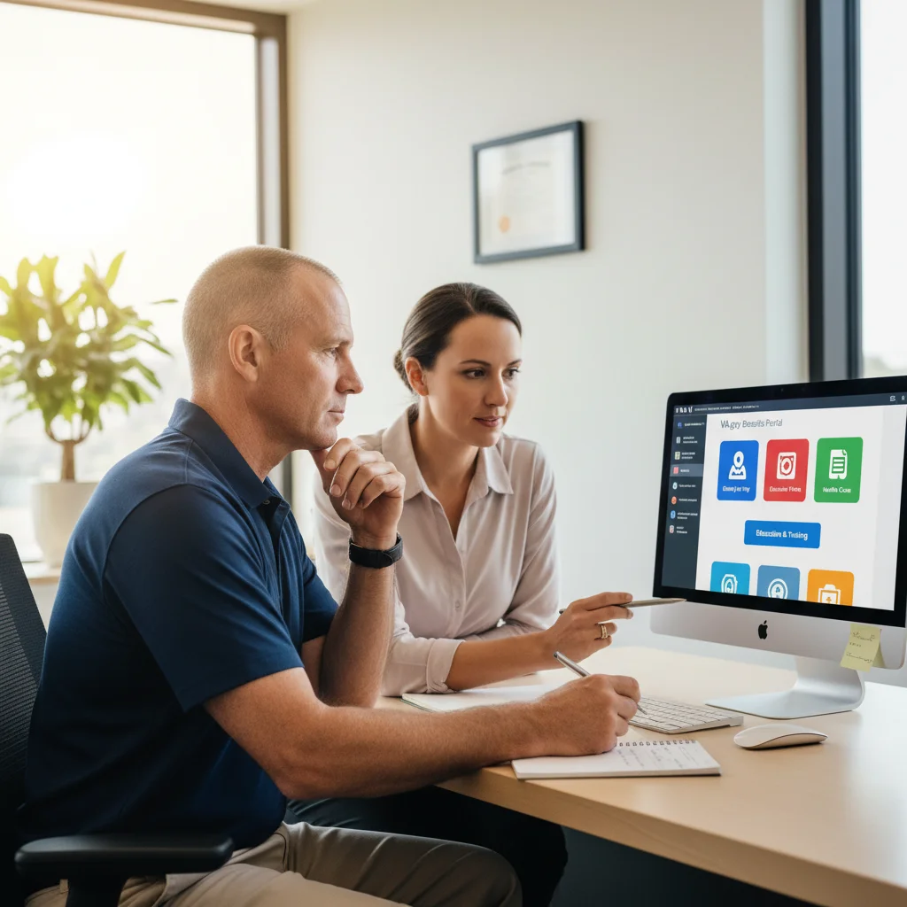 Veteran consulting with a VA benefits counselor about available resources.