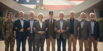 Group of diverse veterans standing together, looking towards a hopeful future of benefits.